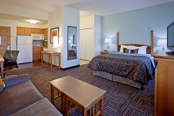 Staybridge Suites Hotel in Eagan, MN has many room types available, this is a Studio Suite and has a king bed, sofabed, and full kitchen.