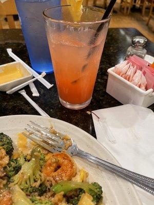 Filet mignon, shrimp and broccoli only with a Tequila Sunrise