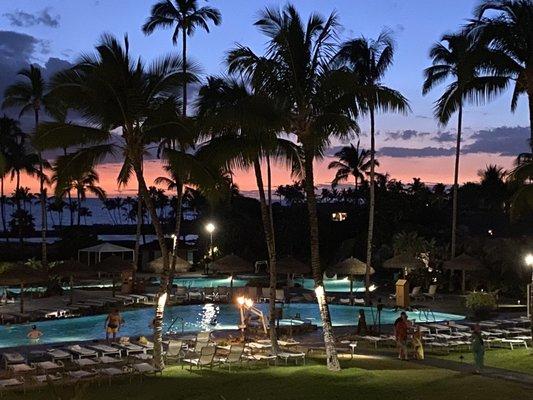 The pool area at sunset