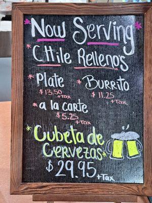 Chile Rellenos and Beer (Cubeta de Cervezas) Specials