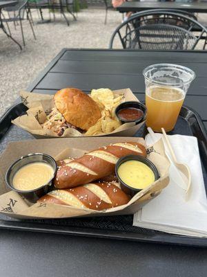 Pretzels, pulled pork sandwich, IPA