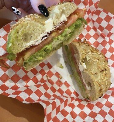 BLT on onion bagel with avocado