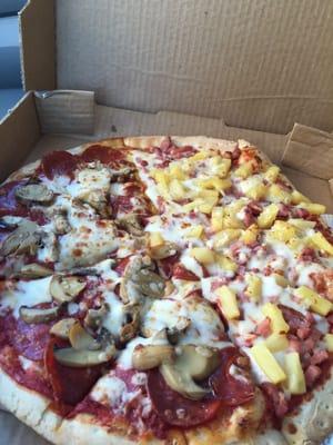 I love the pineapple and ham, my family likes the pepperoni and mushrooms.