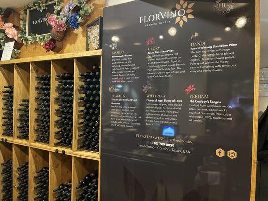 Tasting room display with wine descriptions.