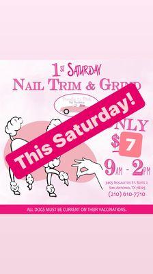 We now are providing Nail Trim and grind the 1st and 3rd Saturday of each month at 2-5:30 pm.