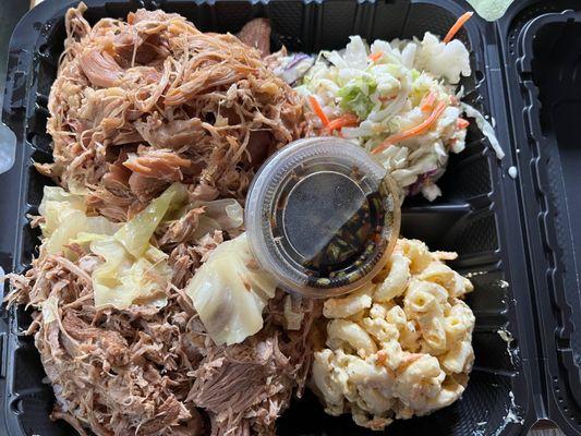 A Mixed Plate with teriyaki chicken and the Kalua pork with mac salad and pineapple coleslaw.