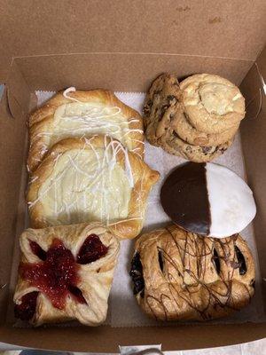 Cream Cheese Danish, Cherry Danish, Chocolate Croissant, black and white cookie, assorted cookies