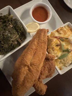 Catfish, Mac and cheese, greens