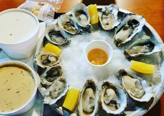 Razor clam chowder and oysters