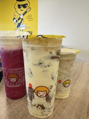 Vietnamese coffee w/puff cream, Dragonfruit lychee, and Oreo milk tea