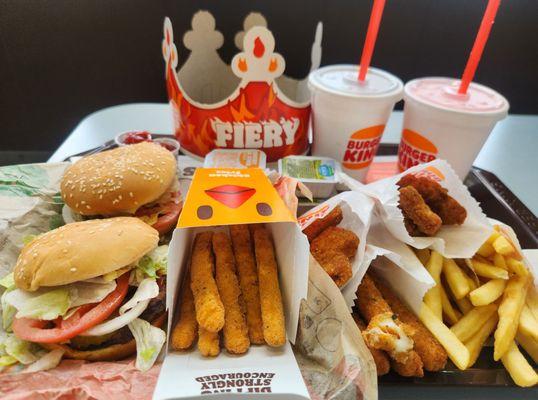 2 whopper juniors, mozzarella & chicken fries, nuggets, fries