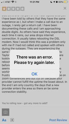 Taylor Telecom internet failure caused Yelp post to fail.