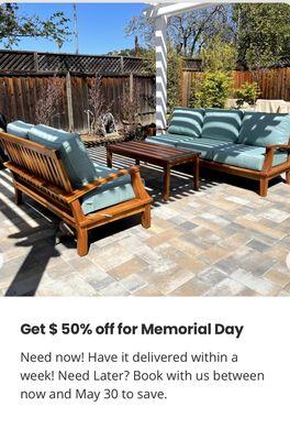 Memorial Day Sale in store and online! Best time to buy or book your patio furniture - best won't last long! Get yours now. Call now!!