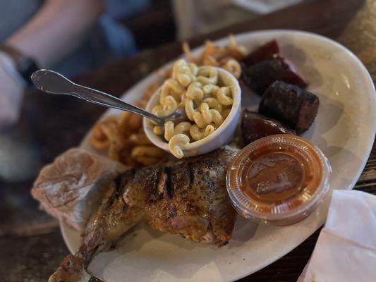 Chicken with sausage. Mac & cheese with fries.