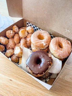 Donut holes, raised glazed, chocolate covered raised glazed, twist