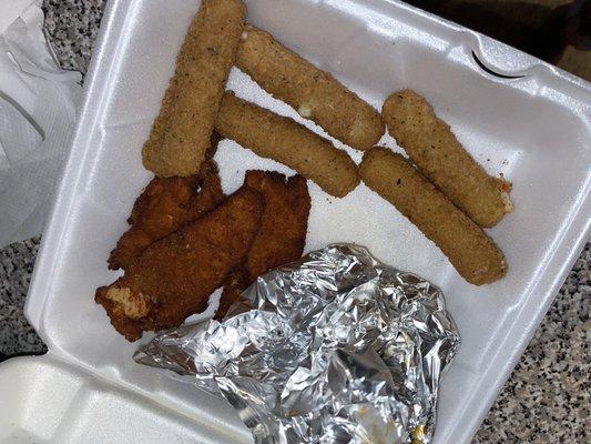 Combination appetizer; mozzarella sticks and chicken tenders and mild wings