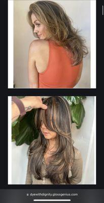 Face framing haircut
Honey balayage
Chunky highlights