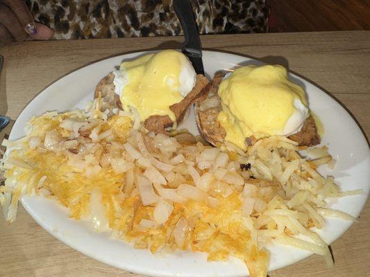 Country fried steak Benny with hash browns