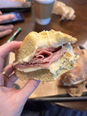 Swiss Turkey sandwiches on an Asiago bagel