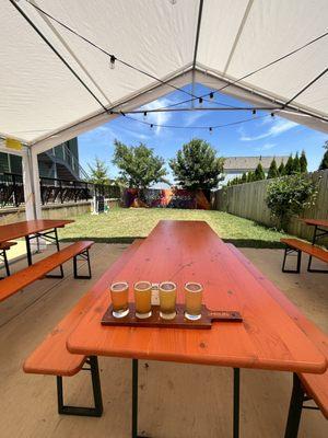 Picnic table with beer flight