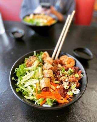 Pork trio bowl - my fave thing here! Comes with pork, shrimp, vermicelli noodles, and an egg roll. So good!