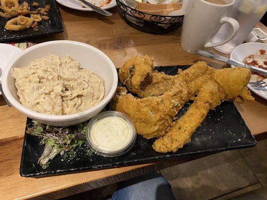 Fried Walleye dinner with red skin mashed potatoes