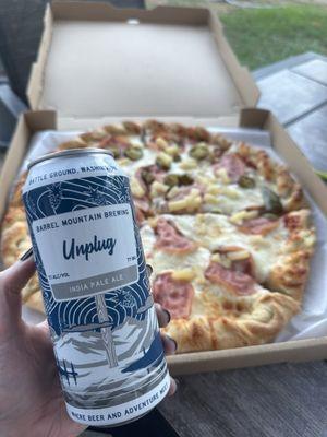 Cowabunga pineapple and Canadian bacon pizza with jalapeños with an IPA from Barrel Mountain Brewing (Battle Ground, WA)