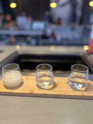 Sake flight: unfiltered, Asian pear, and regular