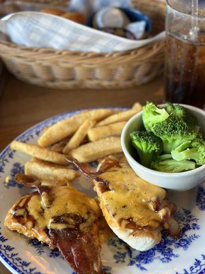 Homestyle classic maple bacon chicken breast with Steamed Broccoli and steak fries.