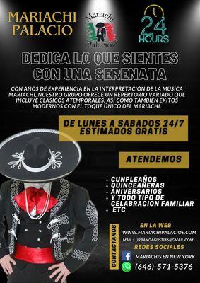 Mariachi palacios estamos ala orden ubicados en New York para más información sobre los servicios comunicarse (646)-57-15376