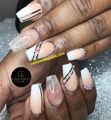 Wide coffin shaped, acrylic nails, ombré, clear, rhinestones, lines design.