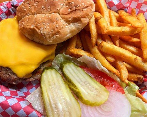 cheeseburger and fries