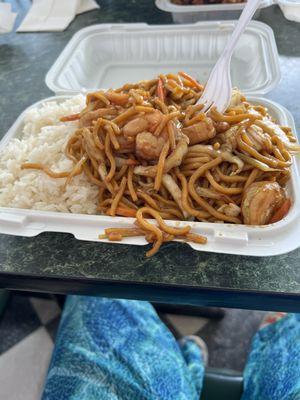 Shrimp Lo Mein with white rice