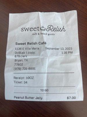 PBJ Receipt - Chips NOT included