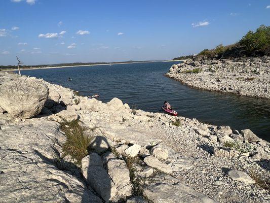 Rocky climb down to water