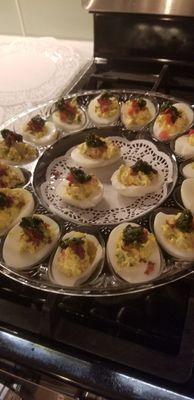 Mexican deviled eggs with avocado, pico, cilantro, sea salt