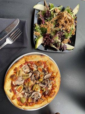 Happy hour pizza (3 topping) comes out to 4 slices + Chicken salad.