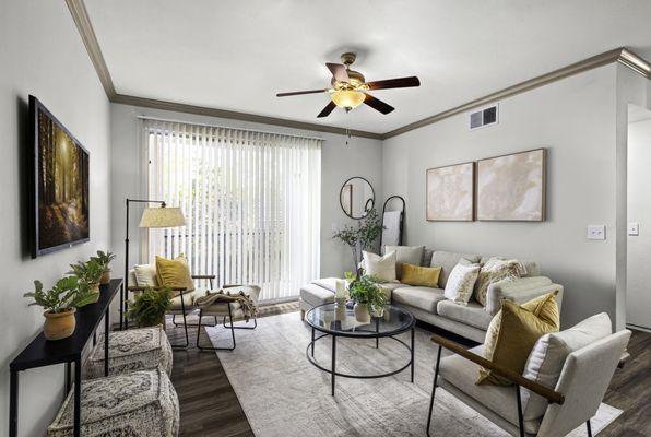 Living room with ceiling fan at Mira Vista at La Cantera