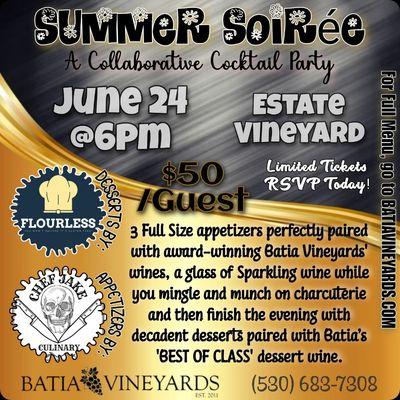 SUMMER SOIRÉE! Sat June 24 @6pm!
At our ESTATE VINEYARD!

BOOK NOW!