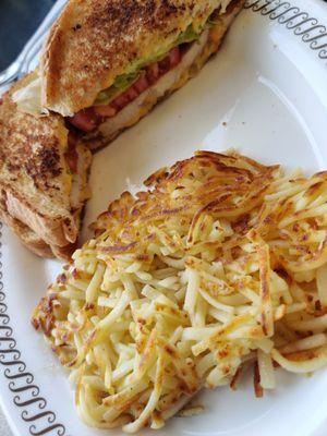 Chicken patty melt deluxe plate w/ hash browns