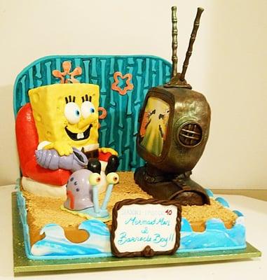 Spongebob squarepants character cake for a birthday. All edible materials