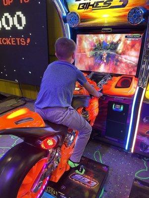 Motorcycle game in the arcade area.