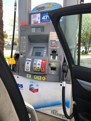 The gas pump station, ready to pump and wash.