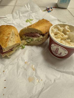 Pastrami sandwich and Mac and cheese