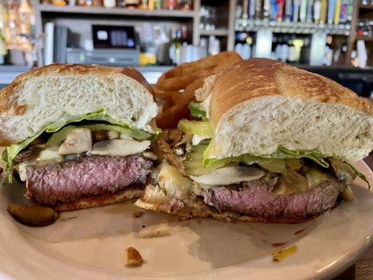 Steak sandwich with grilled mushroom and pepper jack