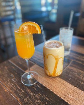 Peach mimosa and iced caramel coffee.