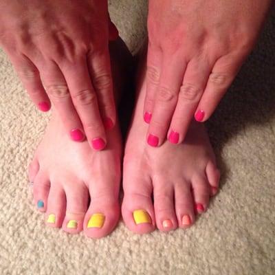 Rainbow pedicure and gel manicure