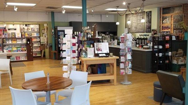 Inviting interior of the Urban Abbey with books, gifts, and delicious coffee.