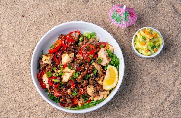 Spicy Meat Party Bowl with Fresno Chilis and avocado mac salad