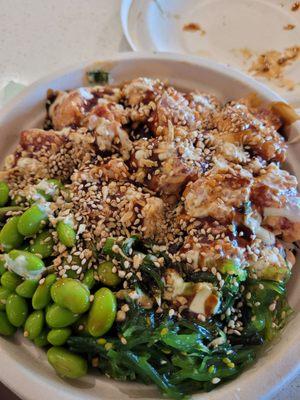 Close up of spicy ahi tuna with seaweed salad and edamame